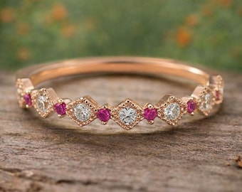 Ruby CZ diamanten bandring in roségoud vintage geïnspireerde stapelbare trouwring juli Birthstone minimale beloftering