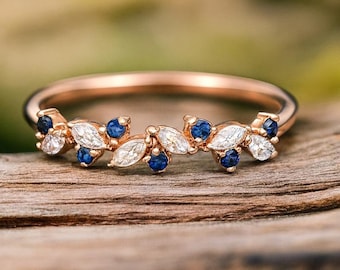 Bladsaffier trouwring, sierlijke blauwe edelsteen gouden ring, door de natuur geïnspireerde marquise bruidsring, minimaal stapelen verjaardagscadeau voor haar