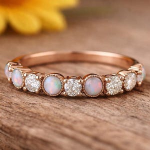 Opal Diamond Ring Gold, Dainty Opal Eternity Band, CZ Diamond Stacking Ring, October Birthstone Ring, Minimal Wedding Band
