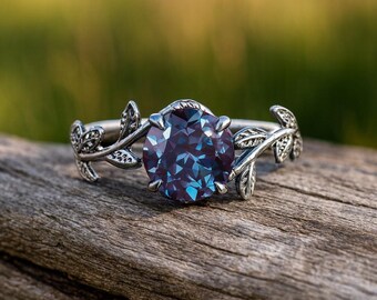 Branch Leaf Vine Round Cut Color-Changing Alexandrite Amethyst Engagement Ring Solitaire Rhodium Black Twig Anniversary Promise Ring