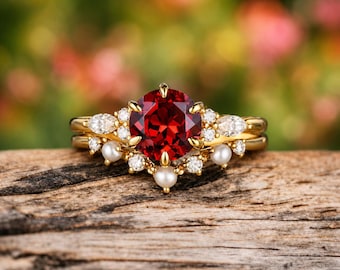 Garnet Ring Set, Garnet Engagement Ring, Pearl Wedding Band, Vintage Bridal Set, CZ Diamond Ring Set, January Birthstone Gift