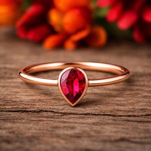 Pear Ruby Engagement Ring, Dainty Solitaire Ring, Minimalist Bezel Ring, July Birthstone Ring, Gold Promise Ring, Gift for Her