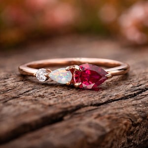 Pear Ruby and Opal 14K Rose Gold Ring - Boho Engagement, July Birthstone AVAILABLE Ring Size in 5 US/ 6US/ 7US/ 8 US