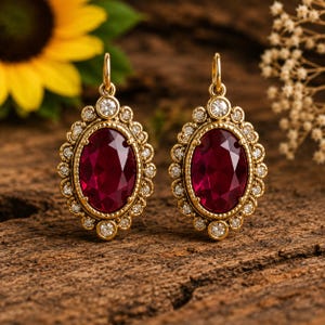 Puede incluir: Un par de pendientes colgantes de forma ovalada con grandes piedras facetadas de color rojo intenso engastadas en marcos de metal dorado. Cada pendiente está rodeado por un borde de pequeñas piedras claras y brillantes.