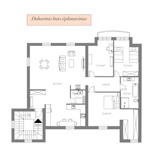 Könnte beinhalten: Detaillierter architektonischer Grundriss einer Wohnung mit Räumen, die mit Quadratmetermessungen gekennzeichnet sind. Der Grundriss umfasst einen Wohnbereich, Schlafzimmer, eine Küche und ein Badezimmer. Der Text "Dabartinis buto išplanavimas" steht oben.