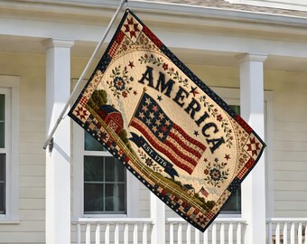 American Flag Patchwork Style House Flag, Patriotic Floral USA Flag, 4th of July Decor, Independence Day Yard Flag C2G426
