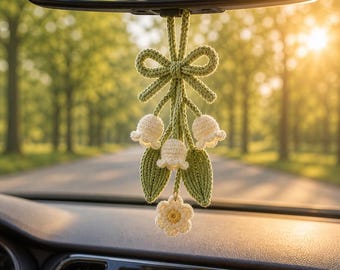 Lily of the Valley Car Charm Crochet Flower Rearview Mirror Boho Hanger Spring Gift Handmade Ornament Decor for her New Car Driver CRD-MAY09