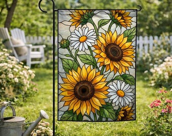 Stained Glass Art Sunflower & Daisy Garden Flag: Floral Spring Garden Flag, Floral Spring Yard and Garden Decor, House Banner C2GI14-5