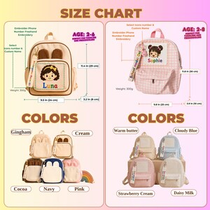 May include: A size chart for children's backpacks showing two main styles: a cream backpack with brown ears and a pink gingham backpack. Dimensions are 9.5 in by 11.4 in by 3.2 in and 9.8 in by 11.8 in by 3.9 in. Includes color options and labels.