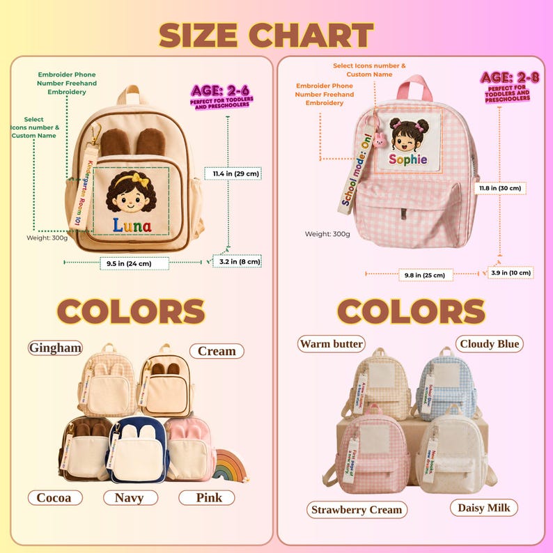 May include: A size chart for children's backpacks showing two main styles: a cream backpack with brown ears and a pink gingham backpack. Dimensions are 9.5 in by 11.4 in by 3.2 in and 9.8 in by 11.8 in by 3.9 in. Includes color options and labels.