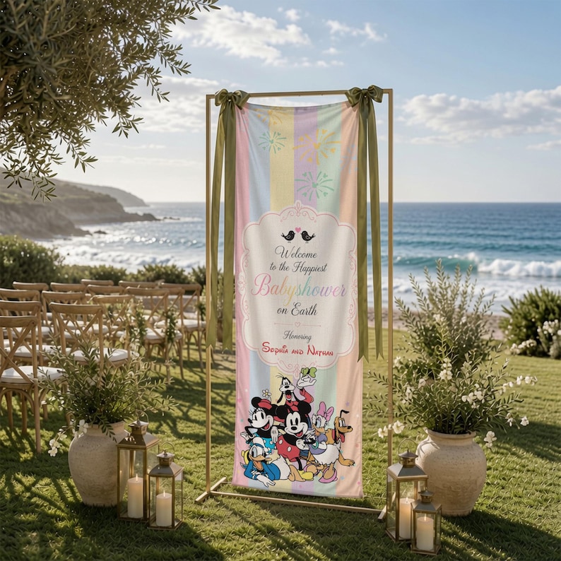May include: A vertical banner with pastel stripes featuring the text "Welcome to the Happiest Babyshower on Earth" and "Honoring Sophia and Nathan" above a group of cartoon characters including Mickey, Minnie, Donald, Daisy, Goofy, and Pluto.