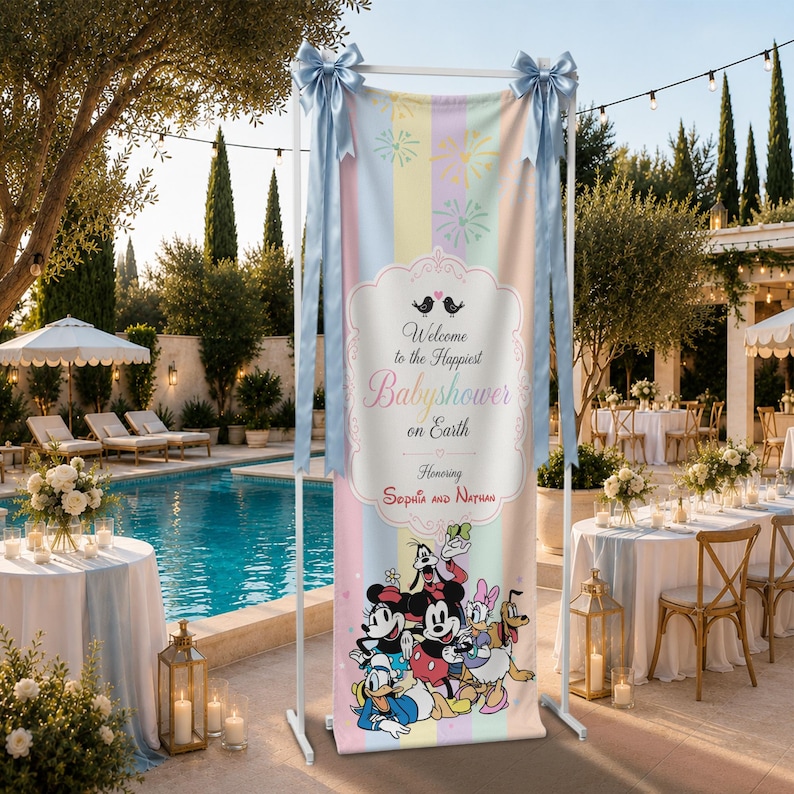 May include: A vertical banner featuring pastel vertical stripes, light blue satin bows at the top, and the text Welcome to the Happiest Babyshower on Earth Honoring Sophia and Nathan, with illustrations of Mickey, Minnie, Donald, Daisy, Goofy, and Pluto.