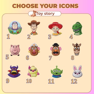May include: A grid of twelve embroidered patches featuring characters from Toy Story, labeled with numbers one through twelve. The top text reads CHOOSE YOUR ICONS and Toy story. Each patch displays a colorful, detailed character head or bust.