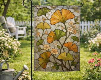 Ginkgo Leaf Stained Glass Garden Flag, Botanical Plant Lover Gift, Gold Yellow Window Hanging, Mother's Day Gift for Grandma C2GM11-4