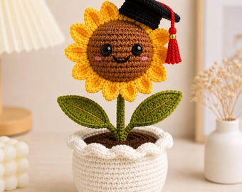 Crochet Graduation Sunflower Flower Pot, Handmade Amigurumi Gift, Desk Decor CRD-MAY07