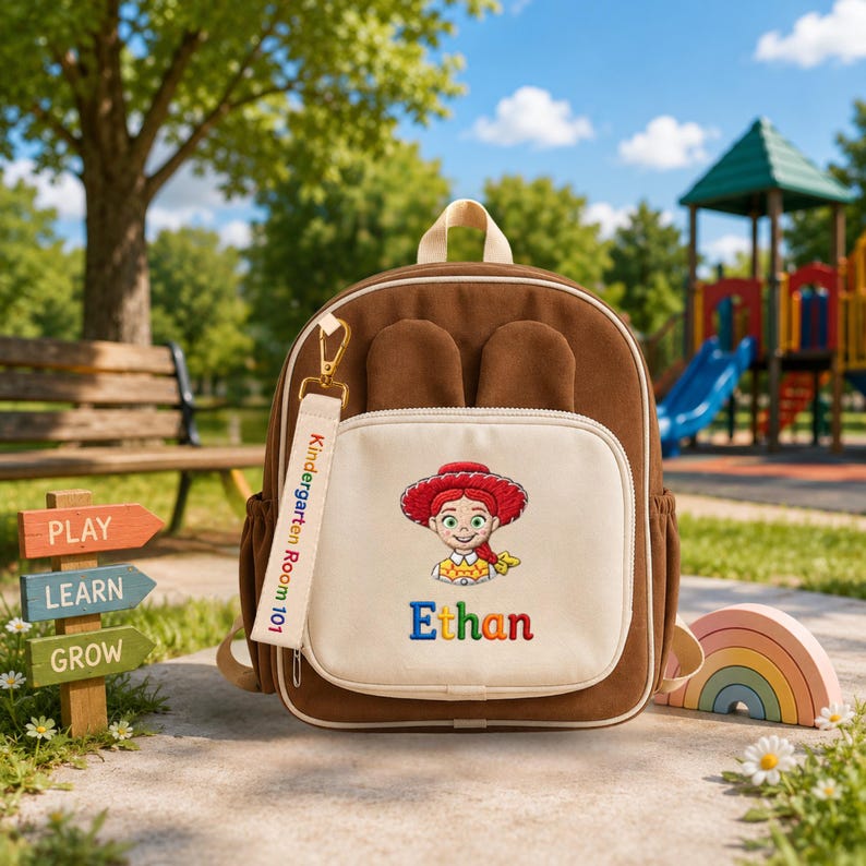 May include: A brown backpack with two small ears on top and a cream-colored front pocket. The pocket features an embroidered character with a red hat and the name Ethan in multicolored letters. A tag attached to the zipper reads Kindergarten Room 101.