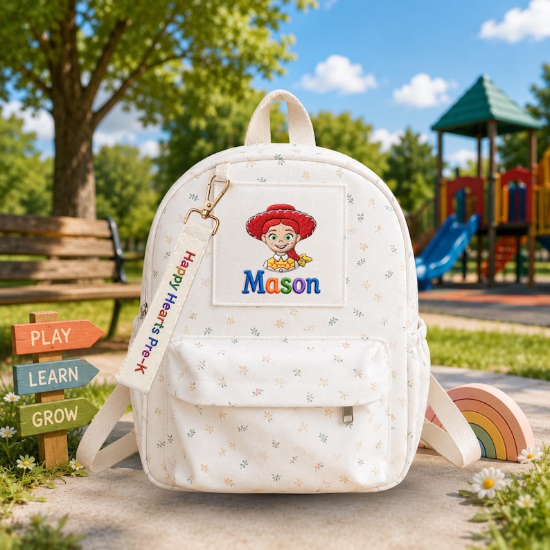 May include: A white backpack with a small floral pattern, featuring a rectangular patch with a cartoon character wearing a red hat and the name Mason in colorful letters. A fabric keychain tag attached to the zipper reads Happy Hearts Pre-K.