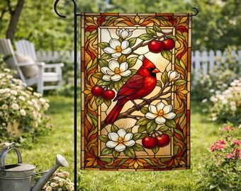 Red Cardinaland and Magnolial Stained Glass Garden Flag: Bird Window Hanging C2GI14-1