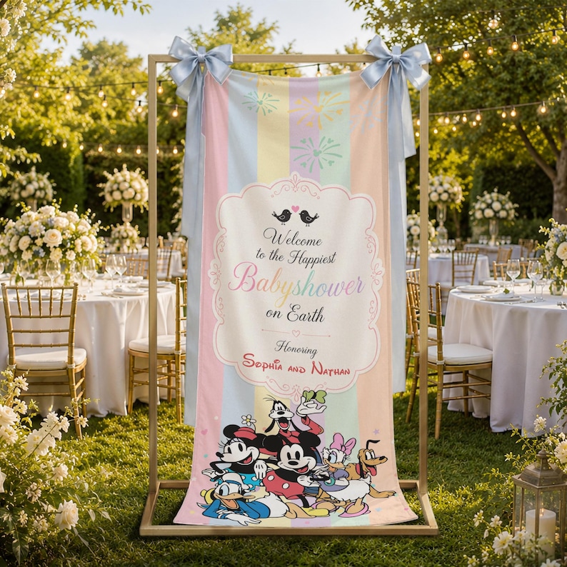 May include: A vertical fabric banner featuring pastel vertical stripes, light blue bows at the top, and a central decorative frame with the text Welcome to the Happiest Babyshower on Earth Honoring Sophia and Nathan, with Disney characters below.