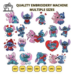 May include: A selection of Stitch and Angel embroidery designs, featuring the characters in various loving poses with hearts. The designs are in blue and pink, with the text "QUALITY EMBROIDERY MACHINE MULTIPLE SIZES" above and file type abbreviations below.