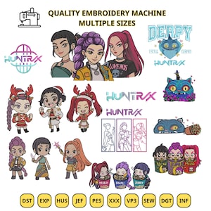 Può includere: Una serie di design digitali con personaggi dei cartoni animati, loghi e testo. I design includono il testo "QUALITY EMBROIDERY MACHINE MULTIPLE SIZES", "HUNTRX", "DERPY" e "LOVE MIS". L'immagine include anche varie abbreviazioni di tipi di file.