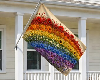Floral Progress Pride House Flag, Quilt Art LGBTQ Rainbow Floral Yard Decor, Inclusive Equality Flag, Colorful Pride Month Decor C2G130