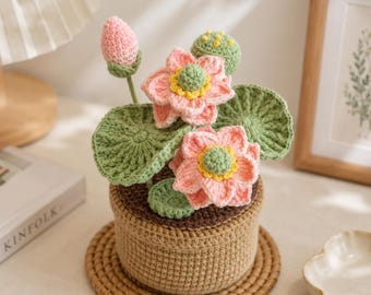 Crochet Lotus Flower Basket, Handmade Gift for Mom, Knitted Lotus Arrangement, Cute Yarn Flower Decor, Mother’s Day Gift CRD-MAY02