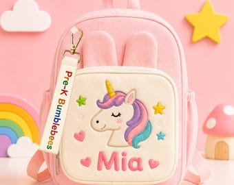 Personalized Kids Bear Backpack | Custom Name Embroidered Toddler Bag | Cute Plush Toy Backpack Gift for Kids, Unicon  ERD-NJ404