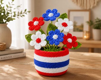 4th of July Crochet Flower Pot, Handmade Red White Blue Daisy Arrangement, Patriotic Crochet Desk Decor Gift CRD-MAY103