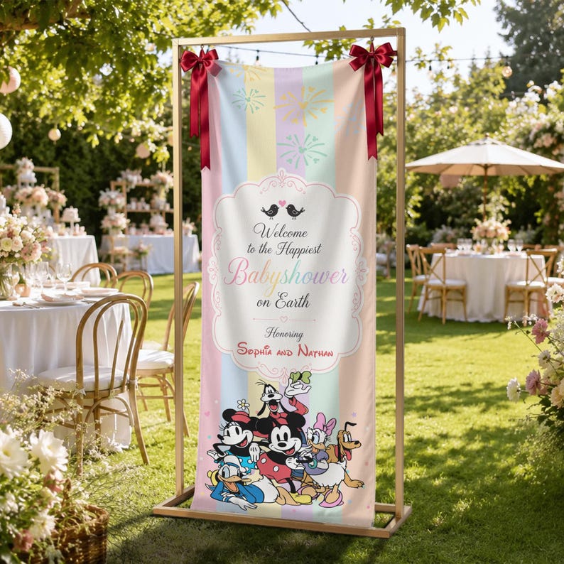 May include: A vertical banner on a gold metal stand featuring pastel vertical stripes, red bows at the top, and Disney characters at the bottom. The text reads: Welcome to the Happiest Babyshower on Earth Honoring Sophia and Nathan.