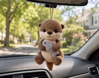 Cute Otter Crochet Car Hanging with Fish, Handmade Amigurumi Car Charm, Ocean Animal Rearview Mirror Decor, Gift for Otter Lovers CRD-MAY88