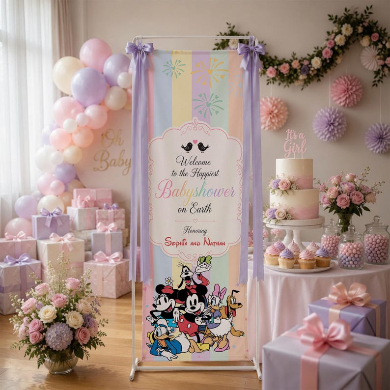 May include: A vertical welcome banner for a baby shower featuring pastel stripes, fireworks, and Disney characters including Mickey, Minnie, Donald, Daisy, and Pluto. The text reads Welcome to the Happiest Babyshower on Earth honoring Sophia and Nathan.
