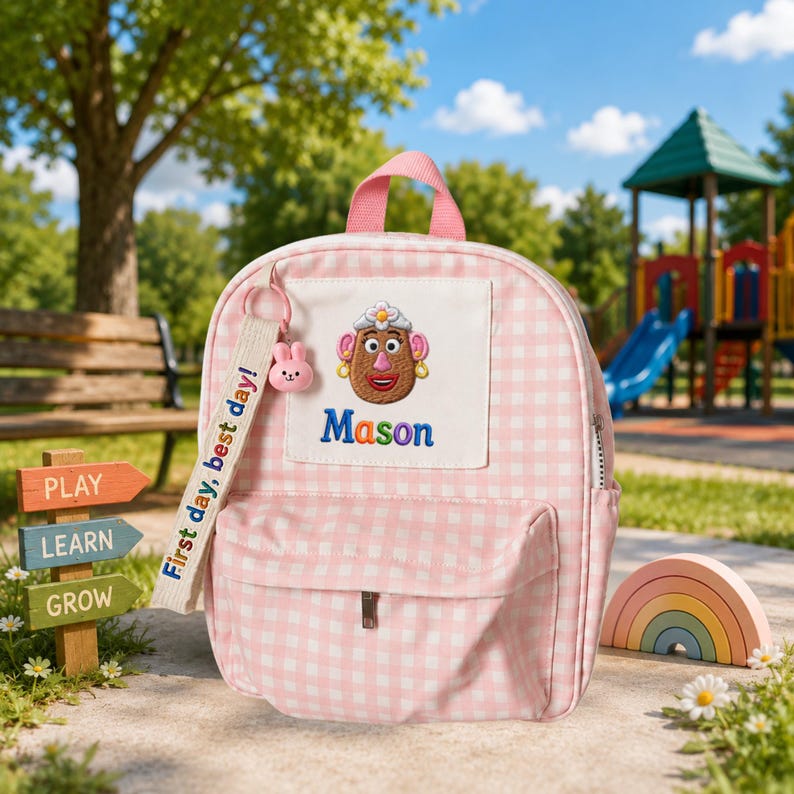 May include: A light pink and white gingham backpack featuring a white front pocket with an embroidered Mrs. Potato Head character and the name Mason in colorful letters. A beige fabric keychain with the text First day, best day is attached.