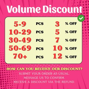 May include: A pink graphic chart titled Volume Discount with a light yellow box listing quantity tiers from 5-9 to 70+ pieces with corresponding 3% to 12% off discounts. Below, text explains the process: Submit your order, message us, and receive a refund.
