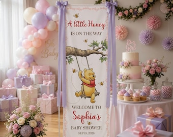 Personalized Disney Winnie The Pooh Baby Shower Welcome Banner, Little Hunny Pooh Hello Baby Welcome Sign Outdoor Ceremony Backdrop B1GF12