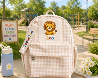 Personalized Dinosaur Backpack, Toddler School Bag, Kids Travel Bag, Birthday Present Gingham, Lion ERD-OJ401