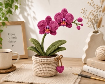 Crochet Orchid Plant in Pot, Handmade Amigurumi Flower, Pink Orchid Decor, Desk Decor Gift, Cute Crochet Plant, No Water Needed CRD-MAY08