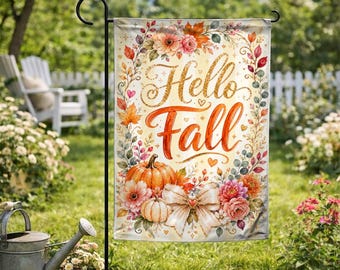 Hello Fall Autumn Garden Flag, Autumn Farmhouse Yard Decor, Cute Pumpkin Porch Flag, Rustic Outdoor Fall Flag C2HO16-GF-1