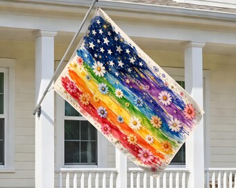 Floral Progress Pride House Flag, Quilt Art LGBTQ Rainbow Floral Yard Decor, Inclusive Equality Flag, Colorful Pride Month Decor C2G129