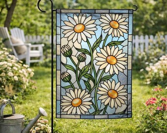 Stained Glass Daisy Garden Flag Spring Floral Yard Seasonal Outdoor House Flag Meadow Flowers Decor Birth Flower Gift for C2GI14-3