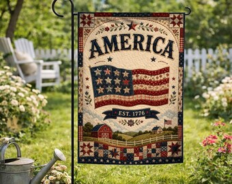 American Flag Patchwork Style Garden Flag, Patriotic Floral USA Flag, 4th of July Decor, Independence Day Yard Flag C2G426