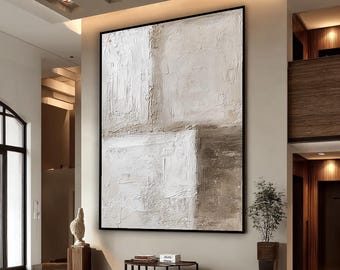 Gran pintura al óleo texturizada 3D, arte abstracto minimalista blanco y beige, decoración de pared wabi-sabi para sala de estar, arte de lienzo texturizado hecho a mano.