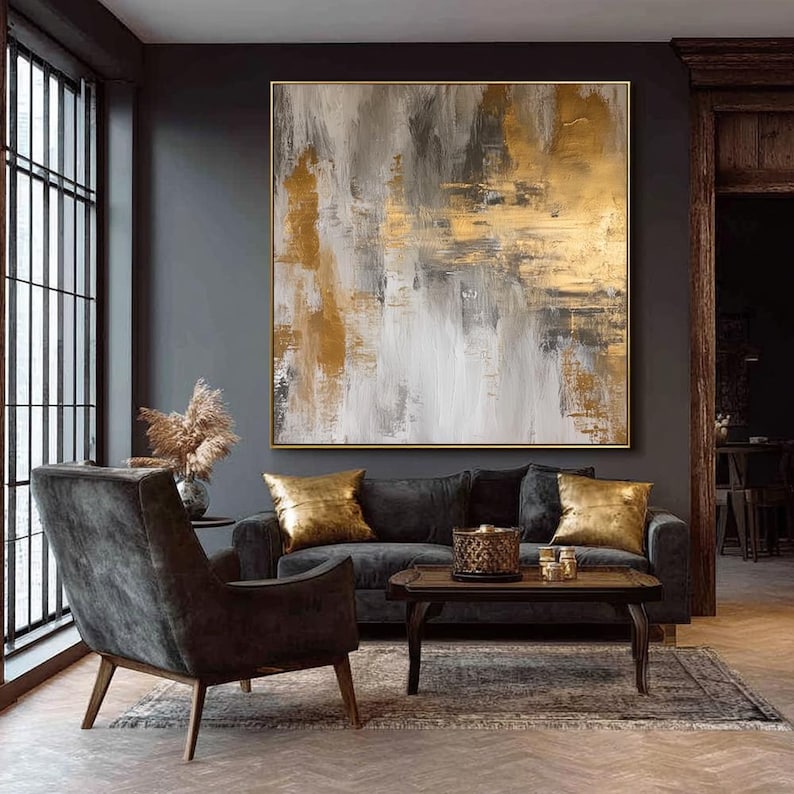 Gold Gray Abstract Textured Canvas, Gold Leaf Artwork,extra-large Hand ...