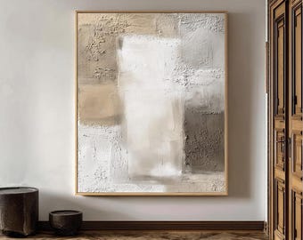 Gran pintura al óleo texturizada 3D, arte abstracto minimalista blanco y beige, decoración de pared wabi-sabi para sala de estar, arte de lienzo texturizado hecho a mano.