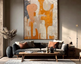 May include: Abstract art painting with a large, rectangular canvas. The artwork features a textured surface with orange, white, and gray shapes. The painting is displayed above a dark gray sofa with decorative pillows, a wooden coffee table, and a rug.