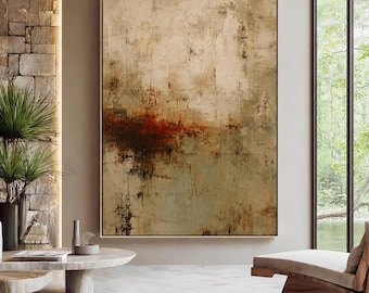 Pintura abstracta verde y beige, gran arte mural minimalista verde, arte mural beige x wabi-sabi, arte mural bohemio moderno, decoración mural original de mediados de siglo.