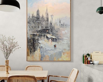 Original Cityscape Oil Painting Hand Painted Street Art on Canvas Modern Abstract Urban Wall Decor Large Textured City Painting  Living Room