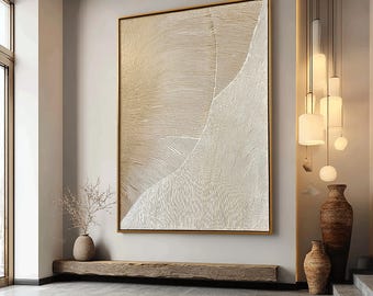 Grande peinture à l'huile texturée beige Japandi, toile abstraite peinte à la main, oeuvre d'art murale minimaliste wabi-sabi