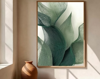 Organic Green Line Art Oil Painting, Botanical Abstract, Large Canvas Wall Decor for Living Room