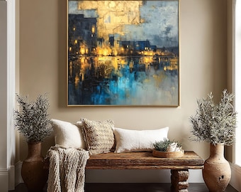 Cuadro con textura de paisaje urbano, lienzo grueso azul y dorado, obra de arte a gran escala que refleja la ciudad, decoración de pared para sala de estar.
